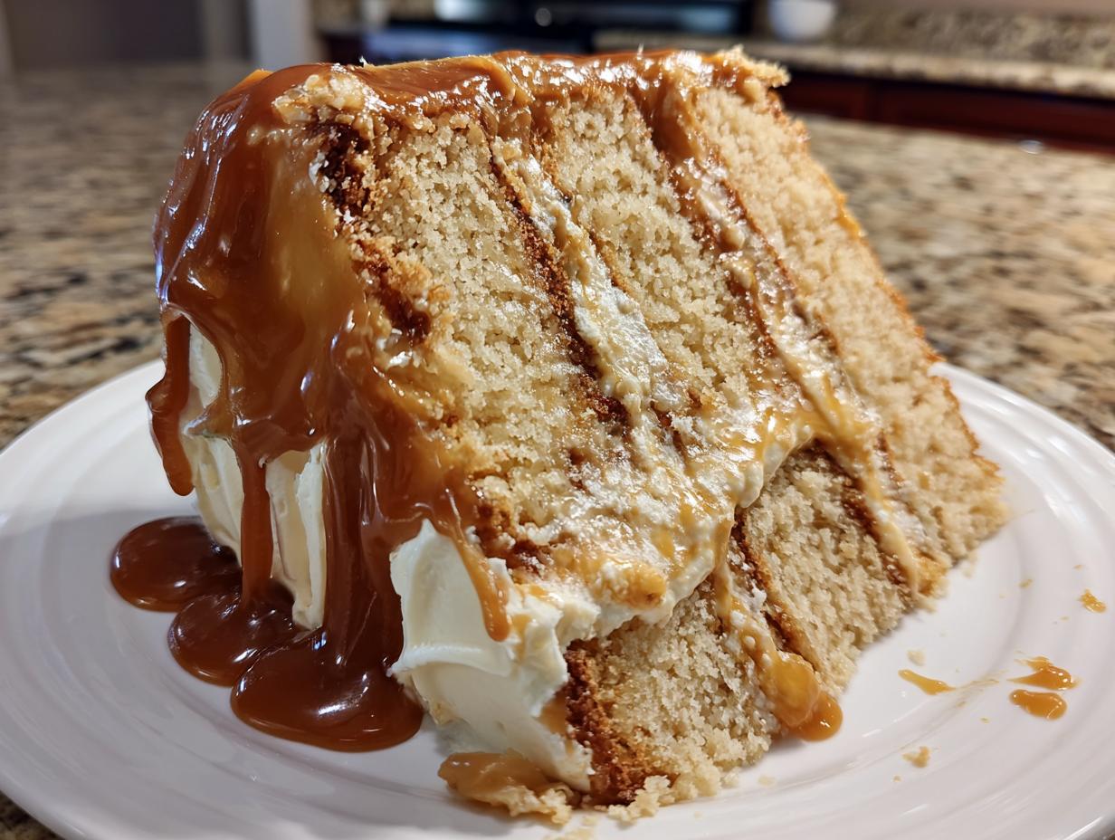A thick slice of multi-layered caramel cake with cream frosting and rich caramel sauce dripping down the sides.