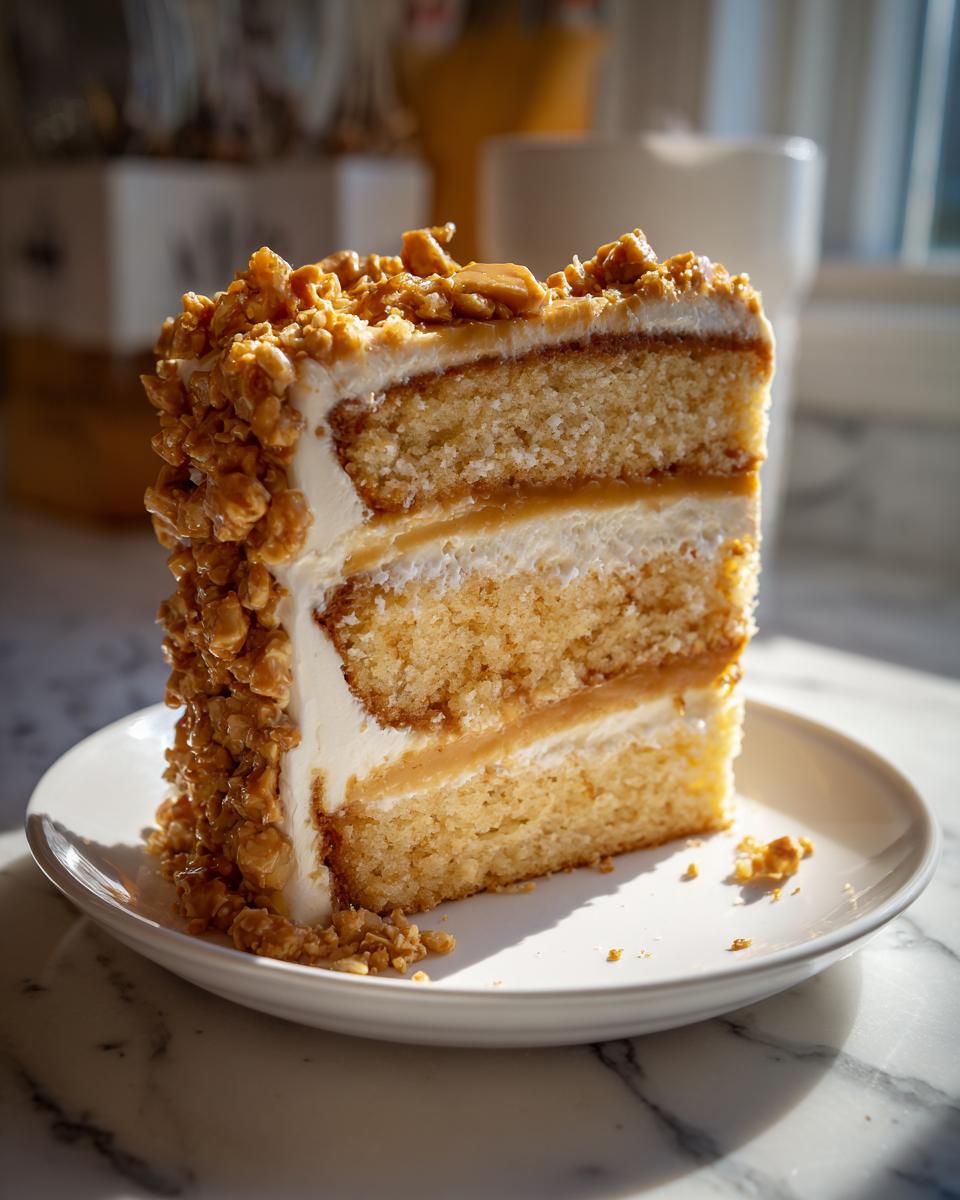 A tall slice of caramel crunch cake showing multiple layers of yellow cake, cream frosting, and caramel filling, coated in crunch topping.