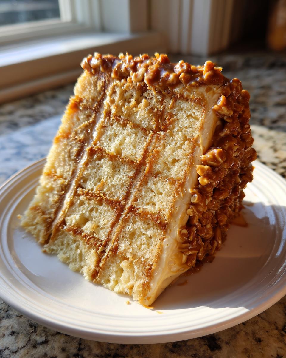 A close-up slice of caramel crunch cake showing multiple layers of sponge and caramel filling, coated in crunchy caramel topping.