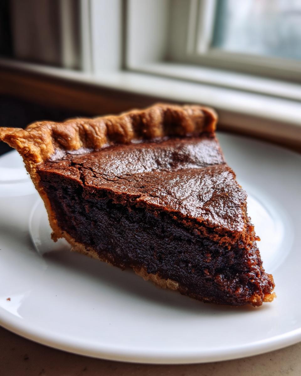 A close-up of a rich, dark slice of chocolate chess pie with a flaky crust, sitting on a white plate.