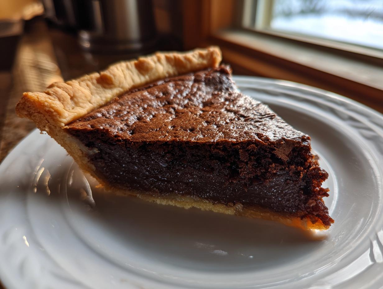 A close-up shot of a rich, dark slice of chocolate chess pie with a flaky crust on a white plate.
