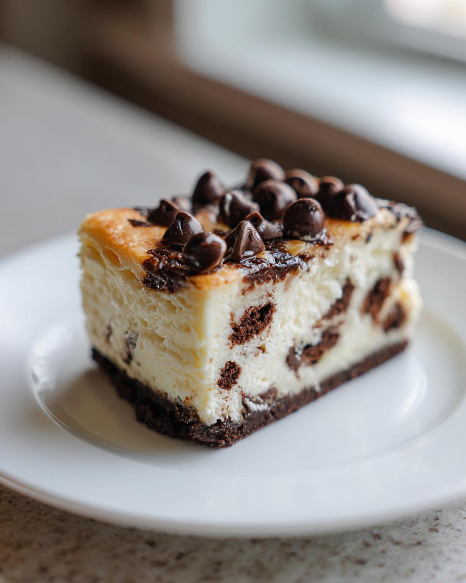 A decadent slice of chocolate chip cheesecake with a dark crust, chocolate chunks inside, and topped with melted chocolate and whole chocolate chips.