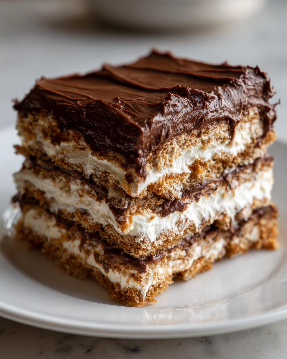 Close-up of a layered slice of chocolate eclair cake featuring graham crackers, cream filling, and chocolate frosting.