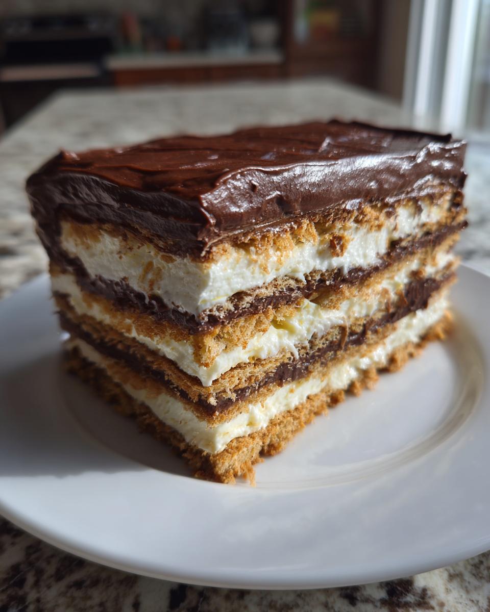 A tall, layered slice of chocolate eclair cake showing graham cracker, vanilla cream, and chocolate pudding layers.