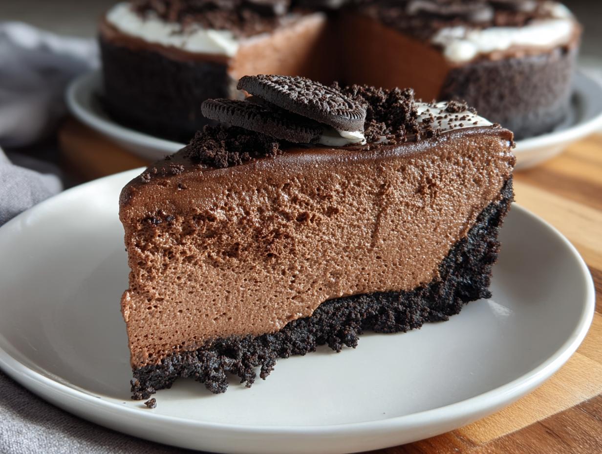 A thick slice of decadent chocolate mousse pie featuring a dark cookie crust, topped with chocolate ganache and cookies.