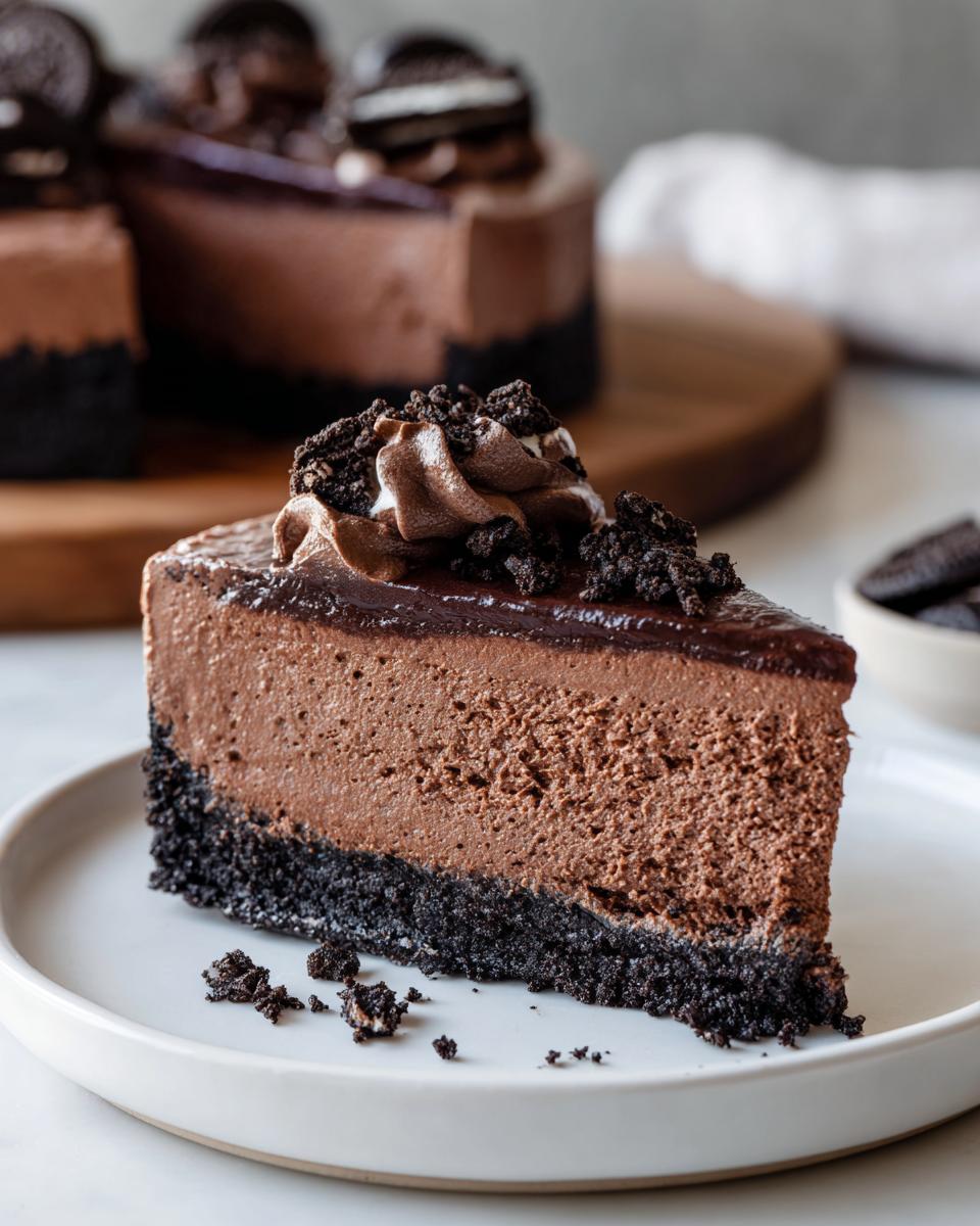 A perfect slice of rich chocolate mousse pie featuring a thick Oreo crust, topped with chocolate ganache and whipped cream.