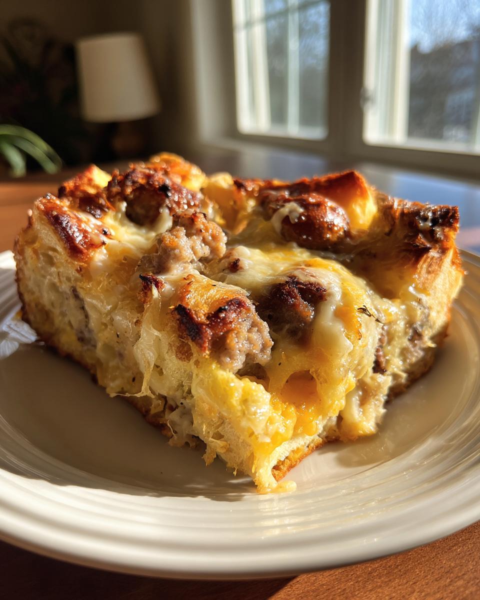 A close-up of a hearty slice of christmas breakfast casserole featuring sausage, eggs, and melted cheese on a white plate.