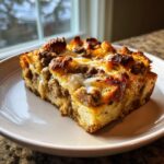 A hearty slice of christmas breakfast casserole featuring sausage, bread, and melted cheese, served on a white plate.