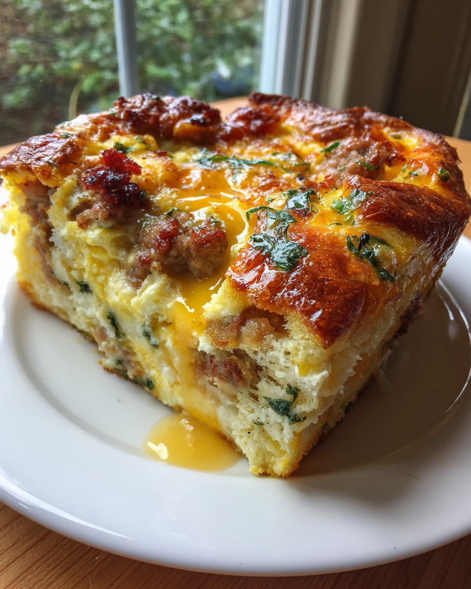 A rich, golden slice of Christmas breakfast casserole with sausage and eggs served on a white plate.