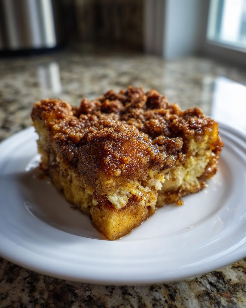 A close-up of a square slice of amazing french toast casserole topped with thick cinnamon streusel, served on a white plate.