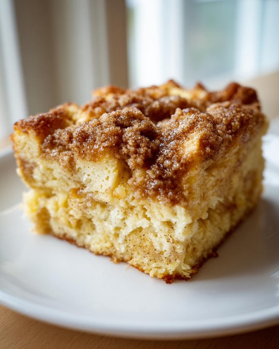 Close-up of a square slice of baked french toast casserole topped with brown sugar streusel.