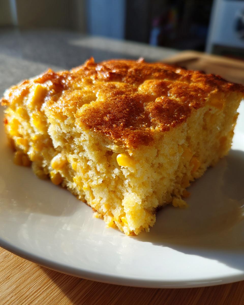 A single, golden-brown slice of moist cornbread casserole studded with corn kernels, served on a white plate.