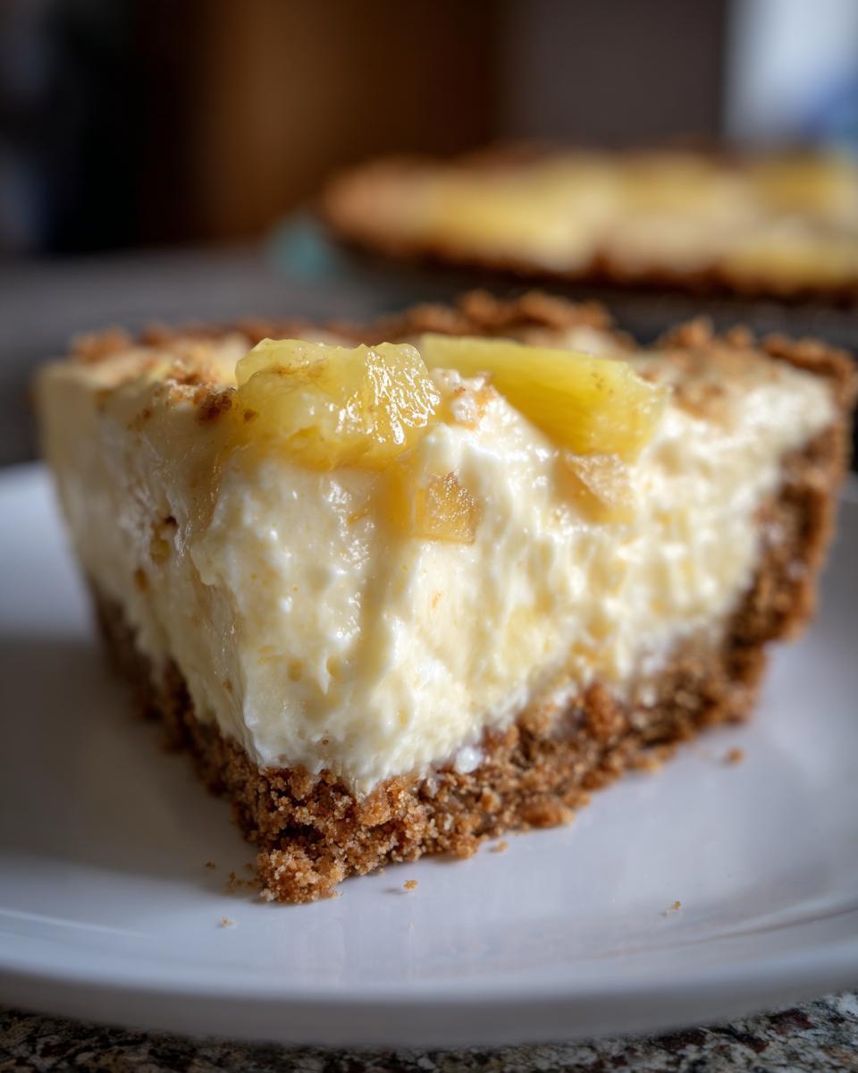 Close-up of a slice of rich, creamy Million Dollar Pie with a graham cracker crust and pineapple chunks on top.