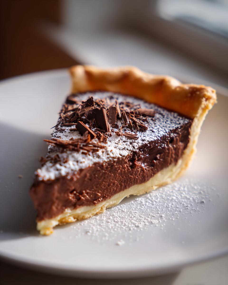 A decadent slice of french silk pie featuring rich chocolate filling, powdered sugar, and chocolate shavings on a white plate.