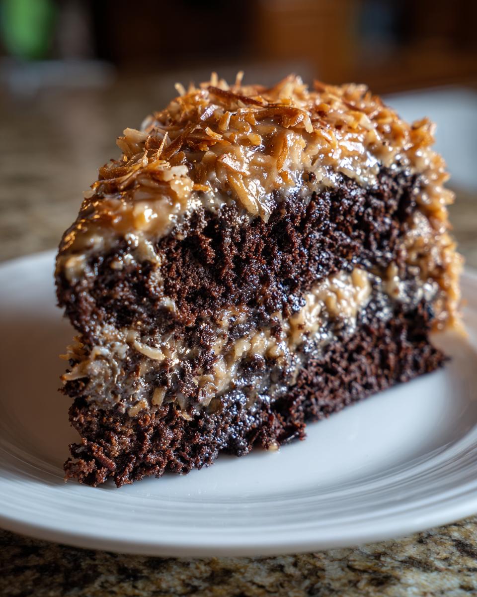 A close-up of a moist slice of german chocolate cake layered with coconut-pecan frosting.