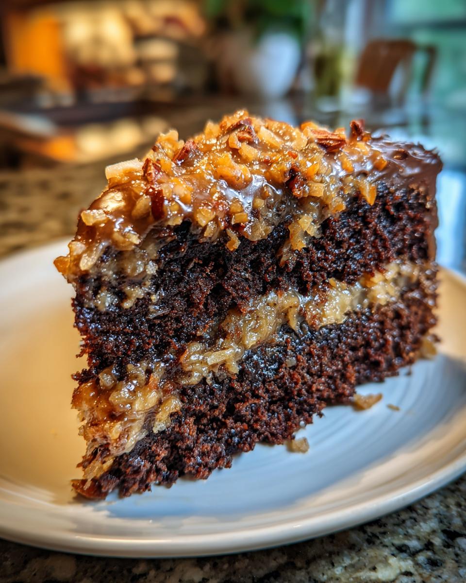 A decadent slice of german chocolate cake showing dark chocolate layers and coconut-pecan frosting.