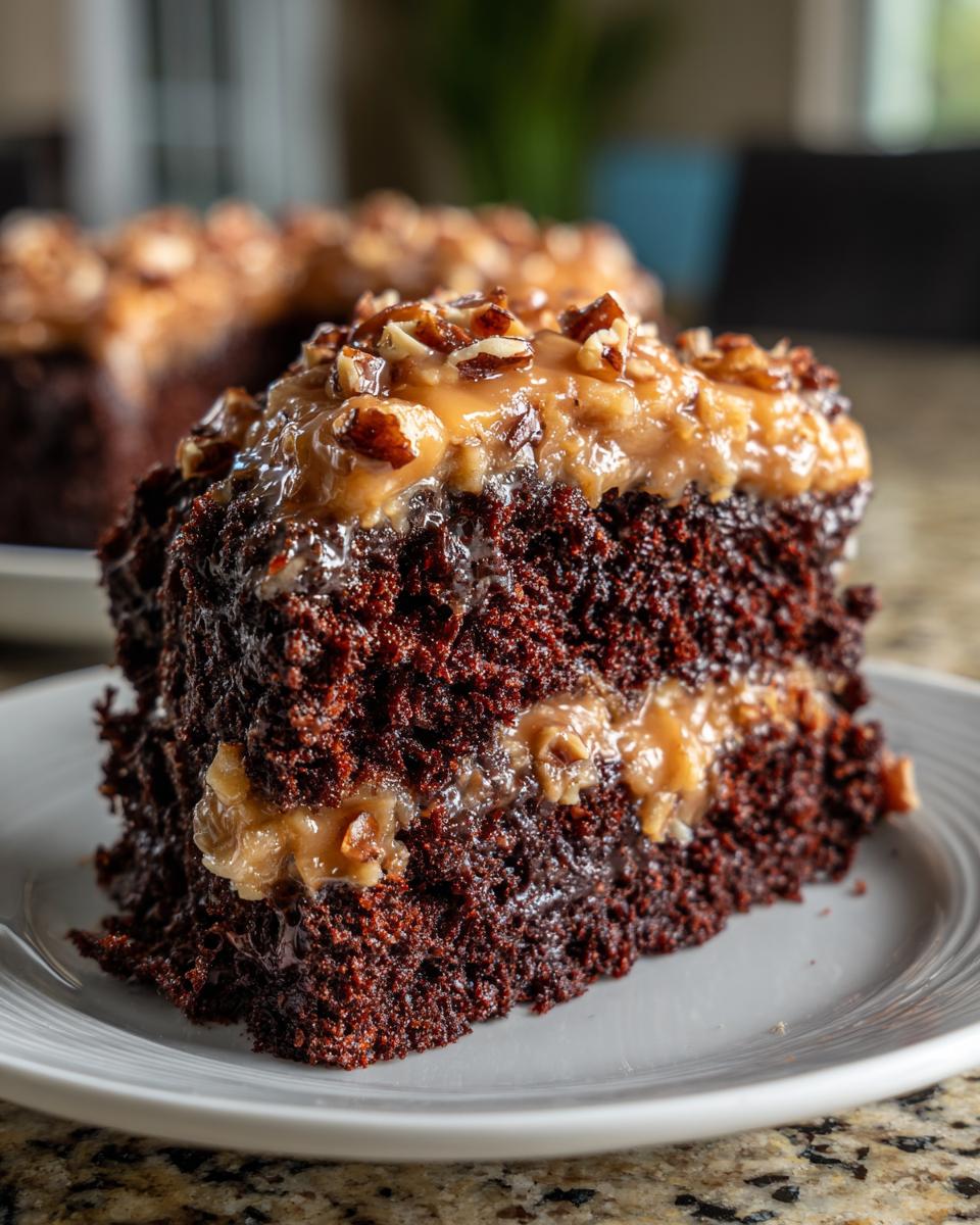 Close-up of a rich slice of german chocolate cake showing dark layers and gooey coconut-pecan frosting.
