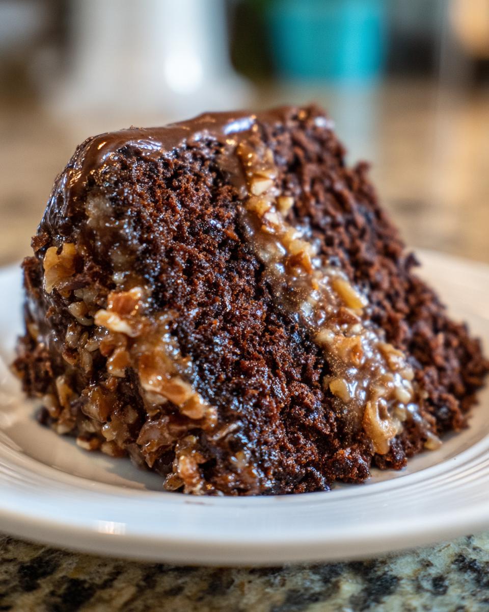 A close-up of a rich, moist slice of german chocolate cake topped with glossy chocolate ganache and coconut-pecan frosting.