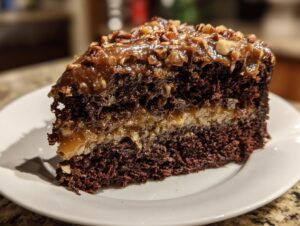 A close-up of a decadent slice of german chocolate cake showing moist dark layers and gooey pecan coconut filling.