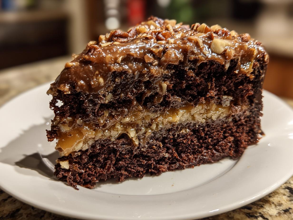 A close-up of a decadent slice of german chocolate cake showing moist dark layers and gooey pecan coconut filling.