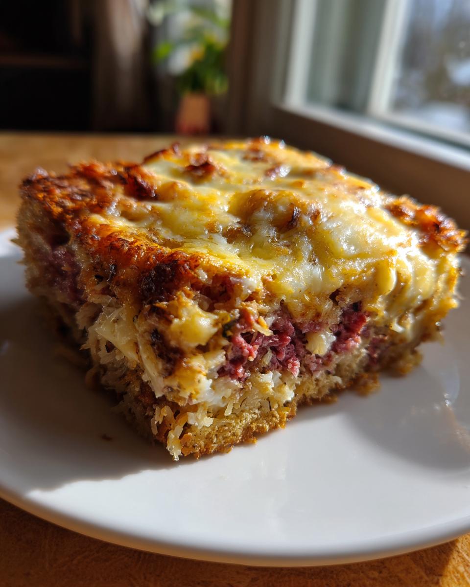 A close-up of a square slice of homemade reuben bake topped with melted, browned cheese.