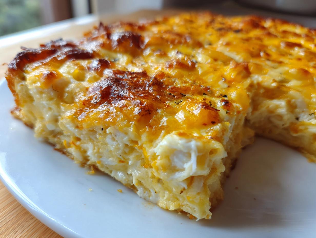 Close-up of a thick slice of baked hot crab dip with a golden, bubbly cheese topping.
