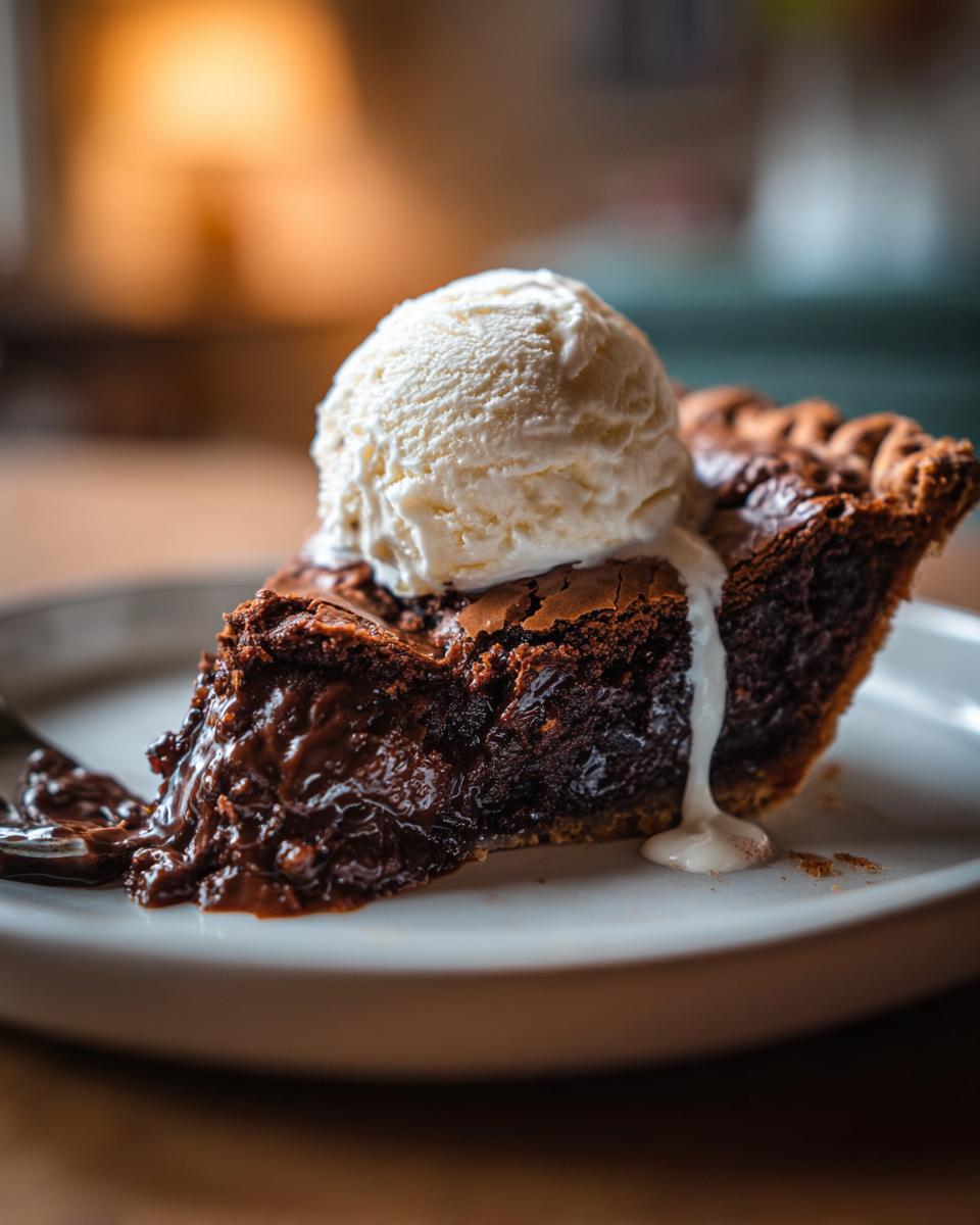 A decadent slice of hot fudge pie with a gooey center, topped with a scoop of melting vanilla ice cream.
