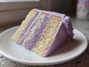 Close-up of a slice of light yellow lavender cake with vibrant purple lavender frosting layers and piped frosting on the side.