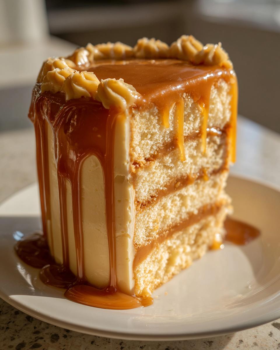 A decadent slice of layered caramel cake featuring vanilla frosting and a thick, glossy caramel drip glaze.