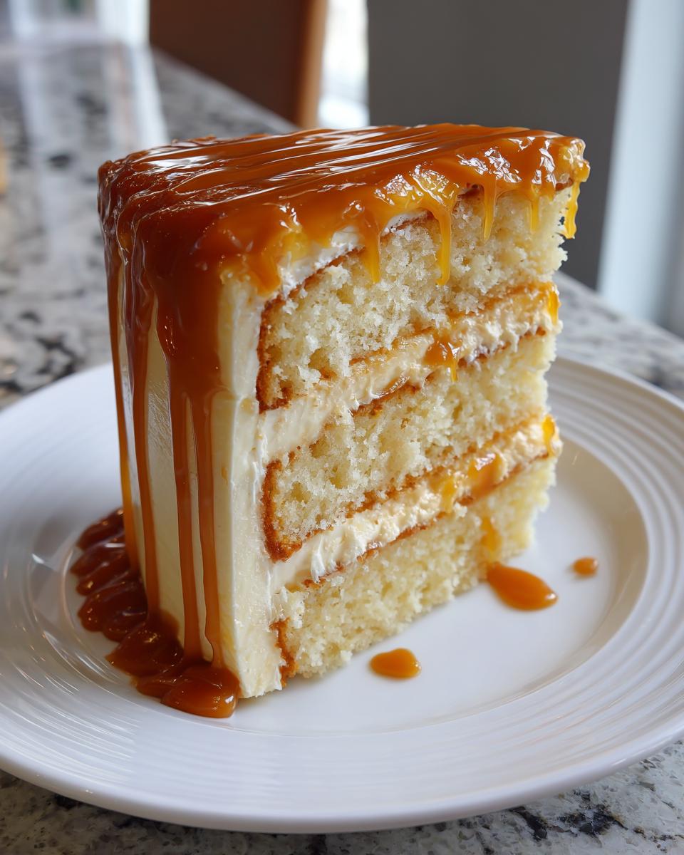 A tall slice of moist, layered caramel cake covered in thick, dripping caramel sauce on a white plate.