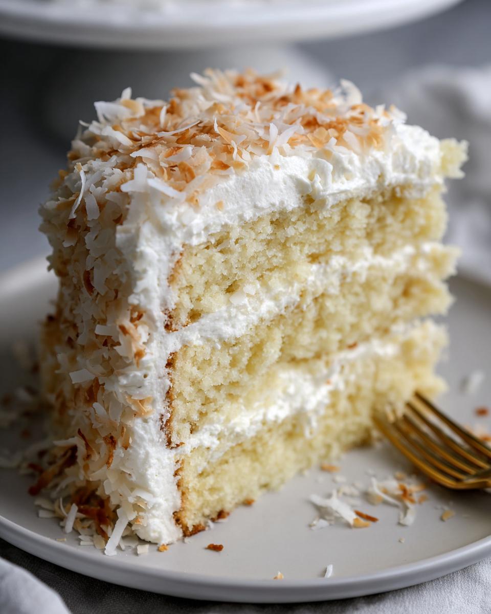 A tall slice of layered coconut cake with white frosting and topped generously with toasted coconut flakes.