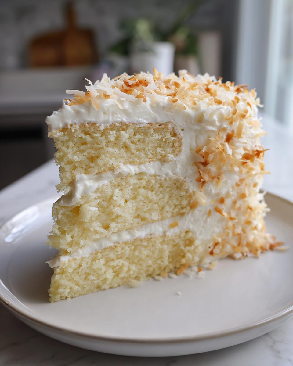 A tall slice of three-layer coconut cake with white frosting and toasted coconut flakes on top.