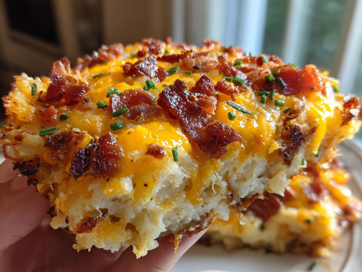 A person holding a thick, cheesy slice of baked loaded mashed potatoes topped with bacon bits and chives.
