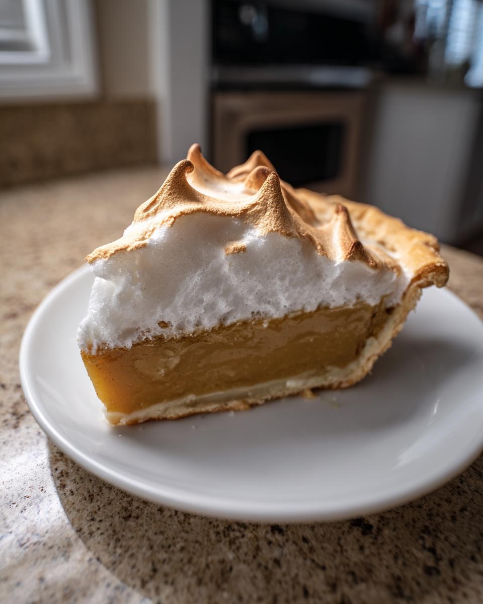 Close-up of a slice of butterscotch pie featuring a thick, golden custard filling and towering, toasted meringue topping.