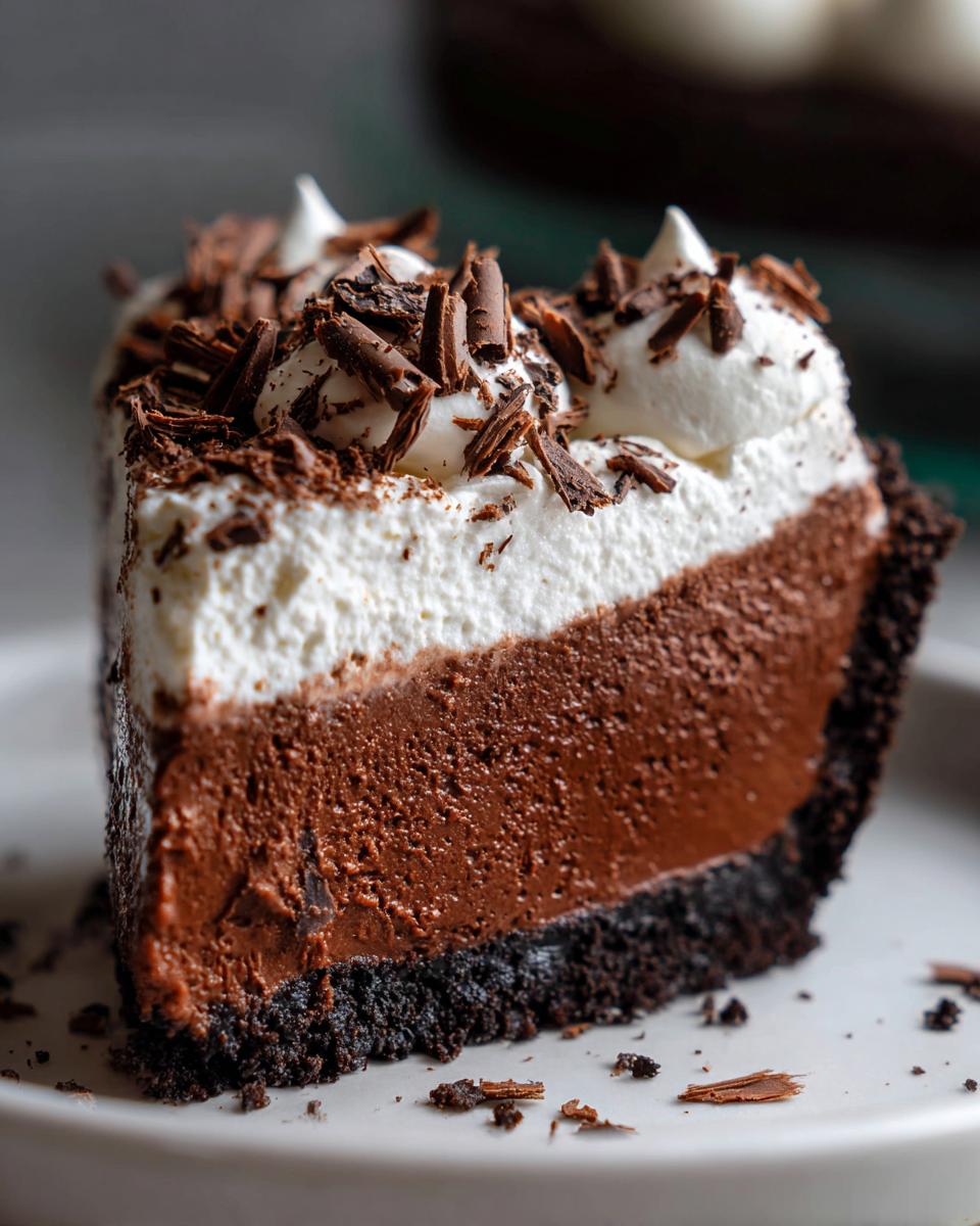 A close-up of a rich slice of 7 layer mud pie showing dark crust, chocolate filling, and whipped topping with chocolate shavings.