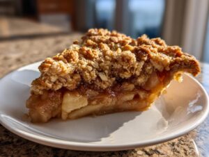 A close-up shot of a generous slice of apple crumble served on a white plate, showing gooey filling and a crunchy topping.