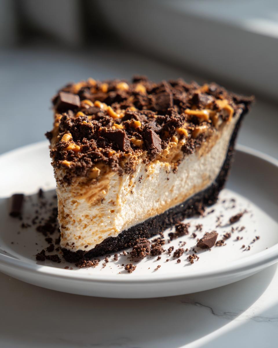 A tall slice of creamy butterfinger pie with a dark crust, topped with peanut butter swirls and crushed chocolate.
