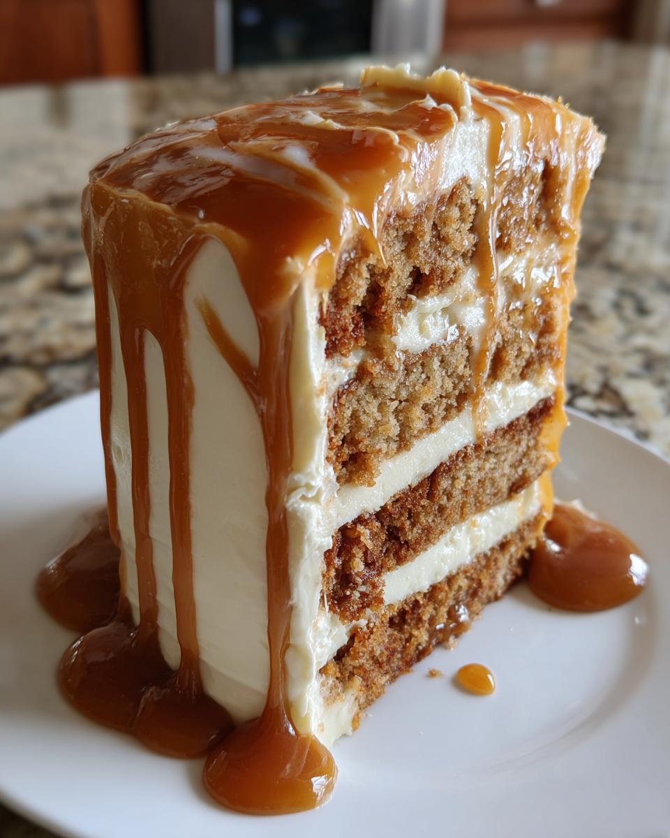 A tall slice of layered caramel cake with white frosting and rich caramel sauce dripping down the sides onto a white plate.