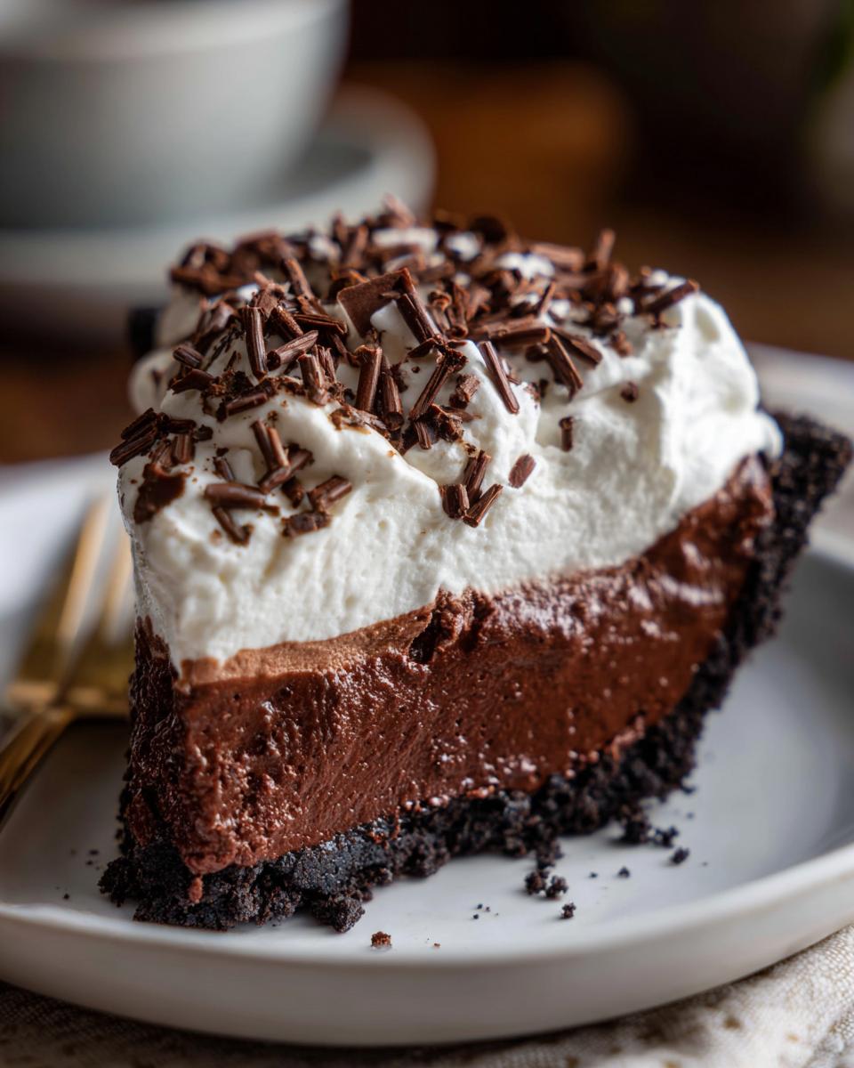 Close-up of a rich slice of chocolate mud pie with a dark crust, creamy filling, and whipped topping sprinkled with chocolate shavings.