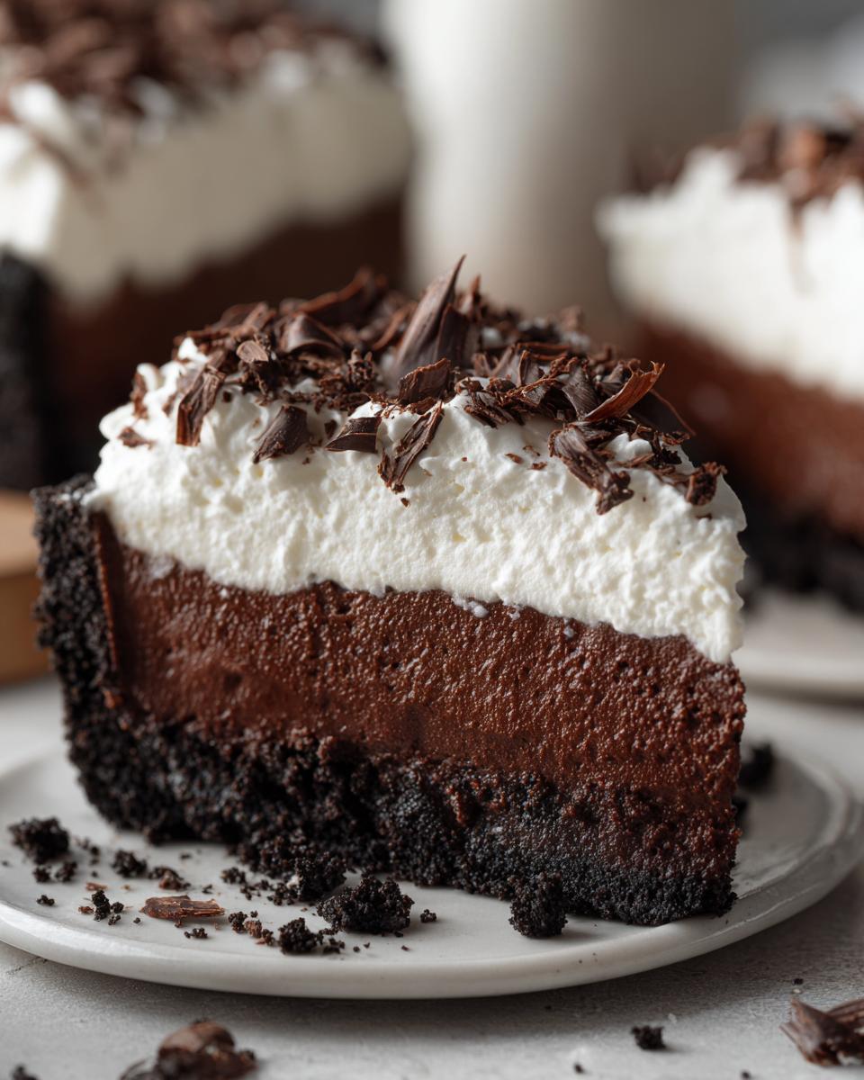 A decadent slice of chocolate mud pie featuring a dark crust, rich chocolate filling, and a thick layer of whipped cream topped with chocolate shavings.