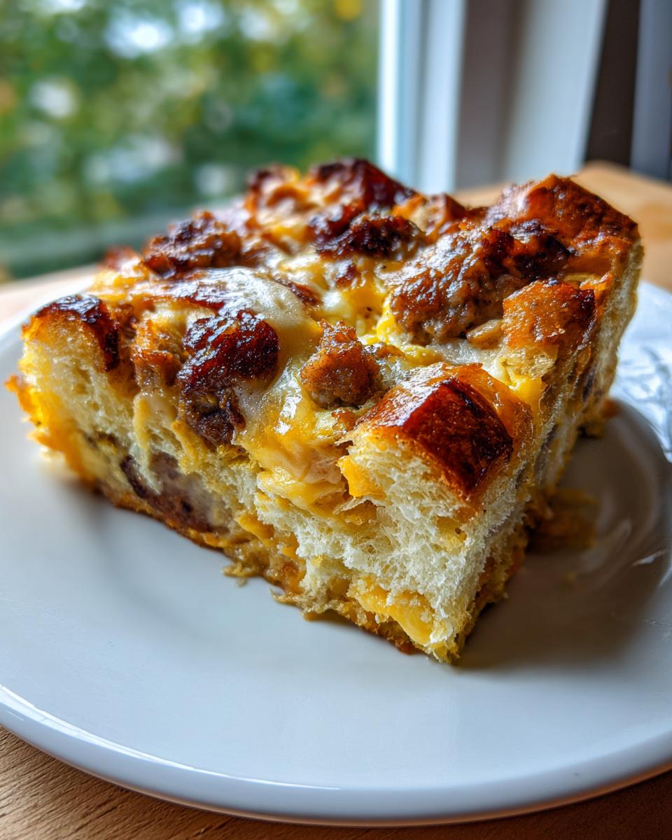 A square slice of cheesy, savory Christmas breakfast casserole featuring sausage and golden-brown bread, served on a white plate.