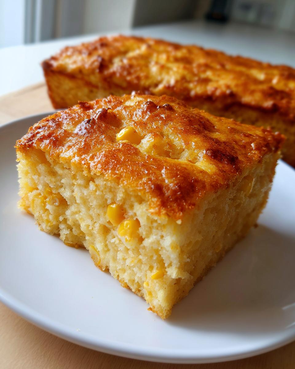 A close-up of a square slice of moist cornbread casserole with visible corn kernels, served on a white plate.