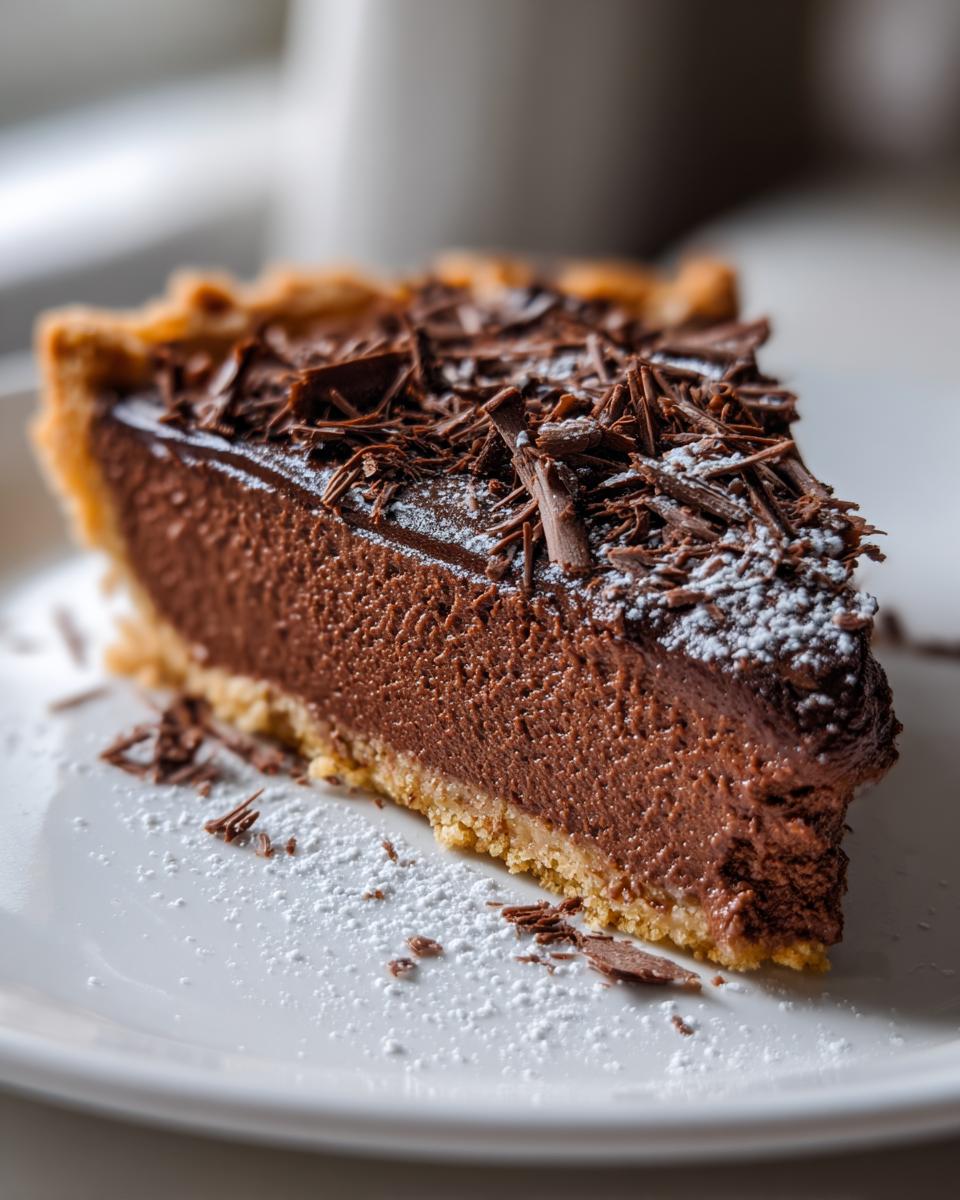 A close-up of a decadent slice of french silk pie featuring a thick chocolate mousse filling and topped with chocolate shavings and powdered sugar.