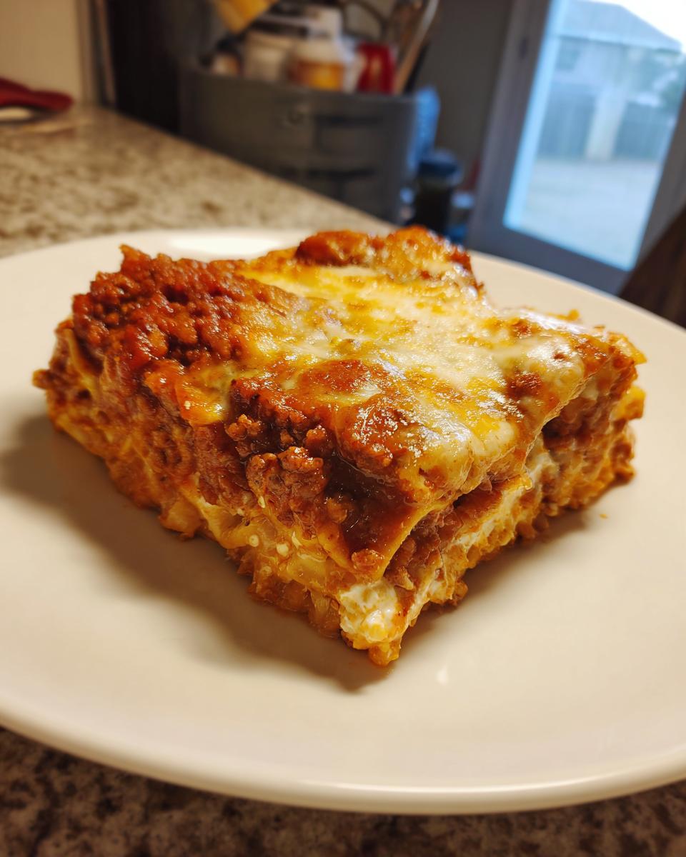 A perfectly layered, square slice of homemade lasagna topped with melted cheese and rich meat sauce.