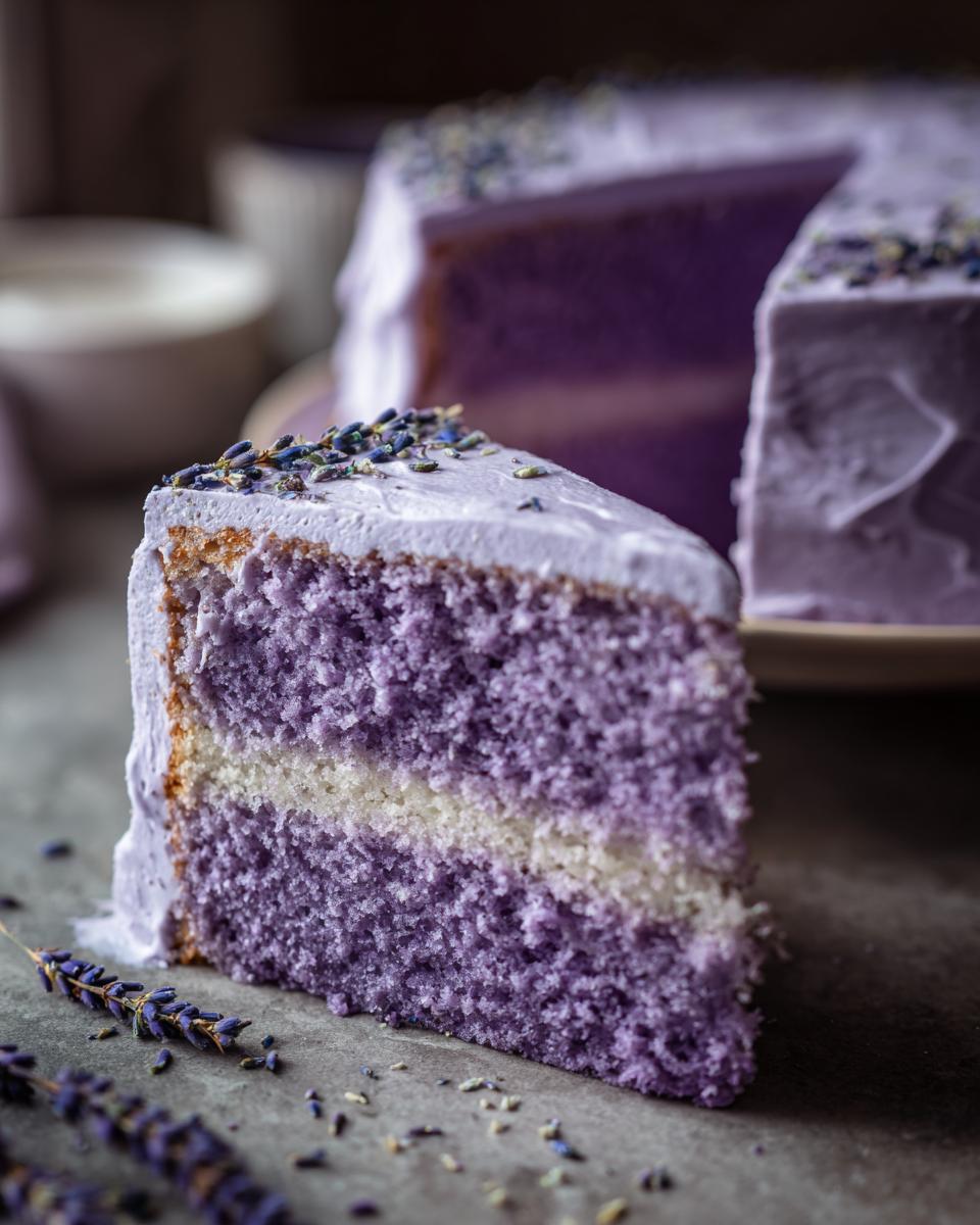 Close-up of a slice of purple lavender cake showing two layers of lavender sponge and one white filling layer, topped with lavender frosting.