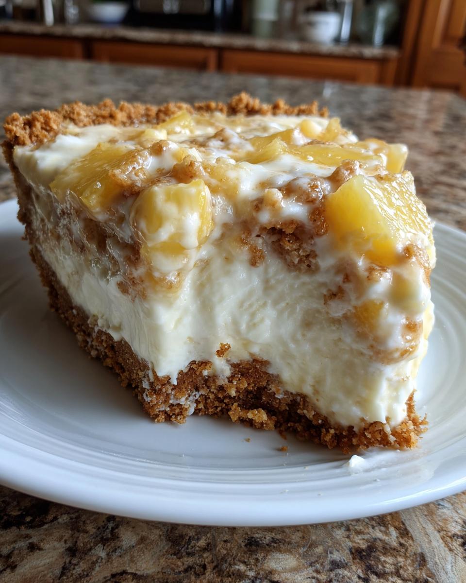 A thick slice of creamy Million Dollar Pie featuring a graham cracker crust and a topping of crushed pineapple.