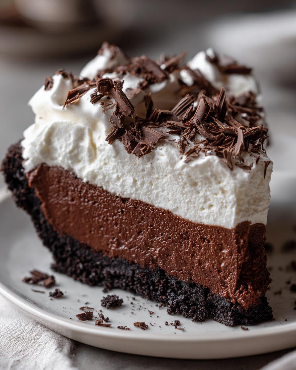 Close-up of a decadent slice of mud pie showing three distinct layers: dark crust, chocolate mousse filling, and whipped cream topped with chocolate shavings.