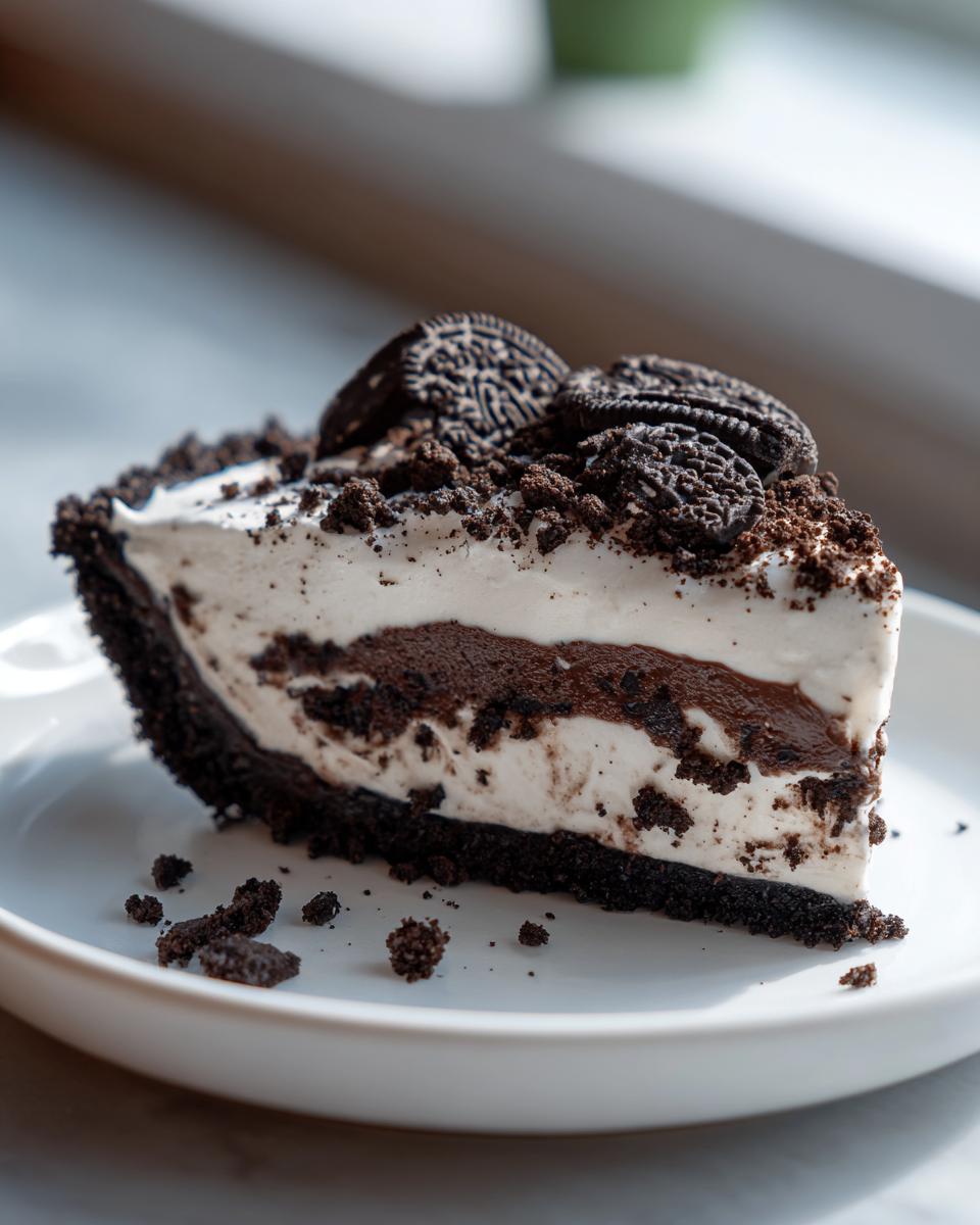 A decadent slice of Oreo pie with chocolate filling, white cream, and Oreo cookie topping.