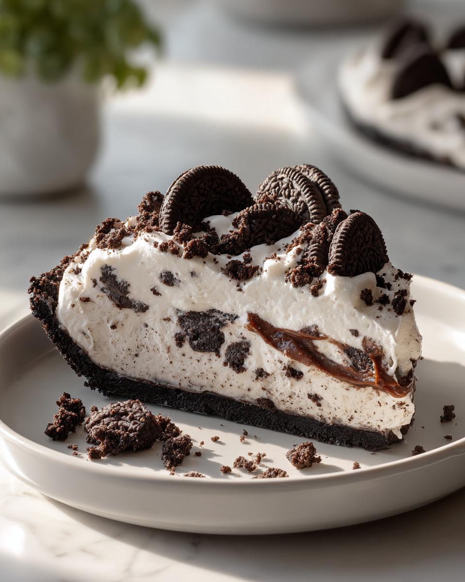 A decadent slice of no-bake Oreo pie featuring a dark crust, creamy filling, and topped with crushed cookies and whole Oreos.