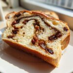 Close-up of a thick slice of homemade raisin bread showing a rich cinnamon swirl and plump raisins.
